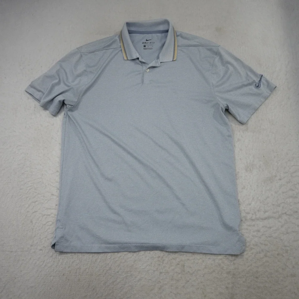 Nike Golf Polo Men M Blue Striped Dri-Fit Short Sleeve Athletic Shirt